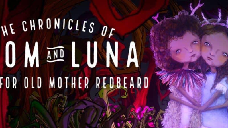 Join Atom and Luna in the Quest for Old Mother Redbeard poster with two illustrated girls on it