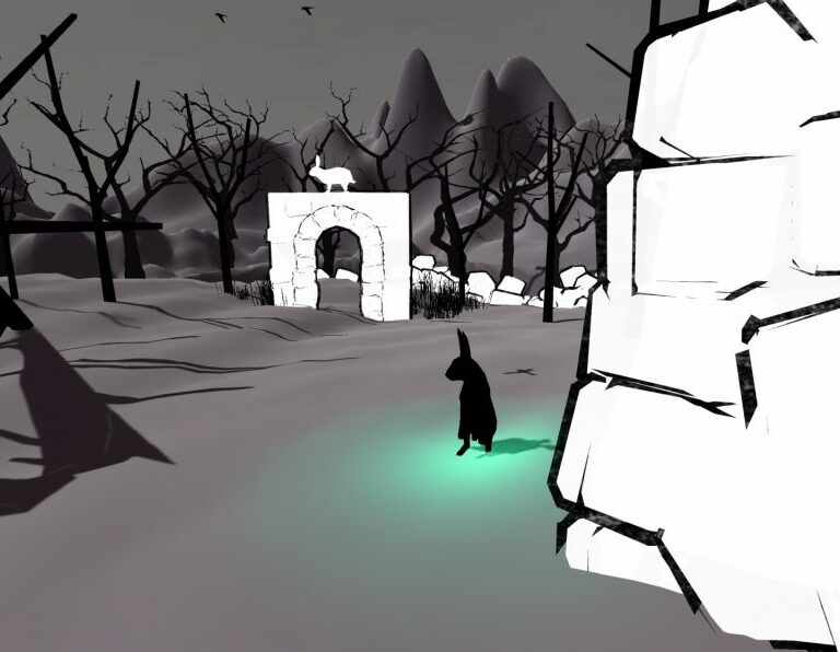 Still from the game The Hidden Woods of a bleak black and grey landscape with the one black rabbit and one white one in the middle of the image